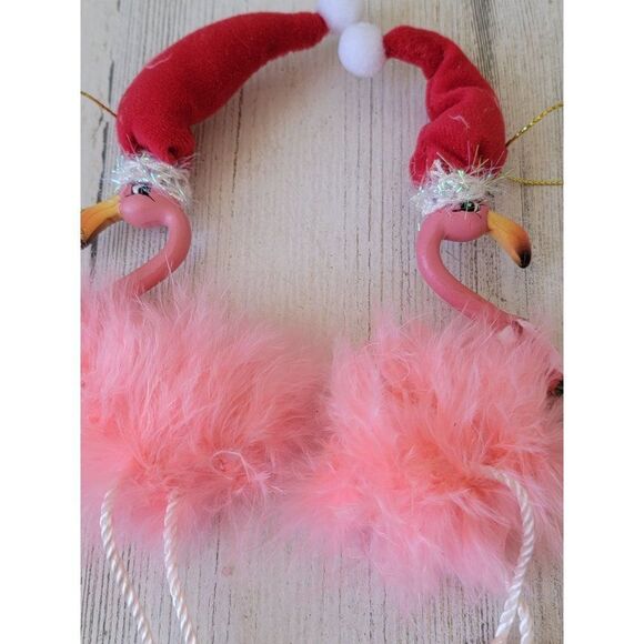 Feet dangling Flamingo set Santa had glitter puffy ornament Xmas - Picture 7 of 7